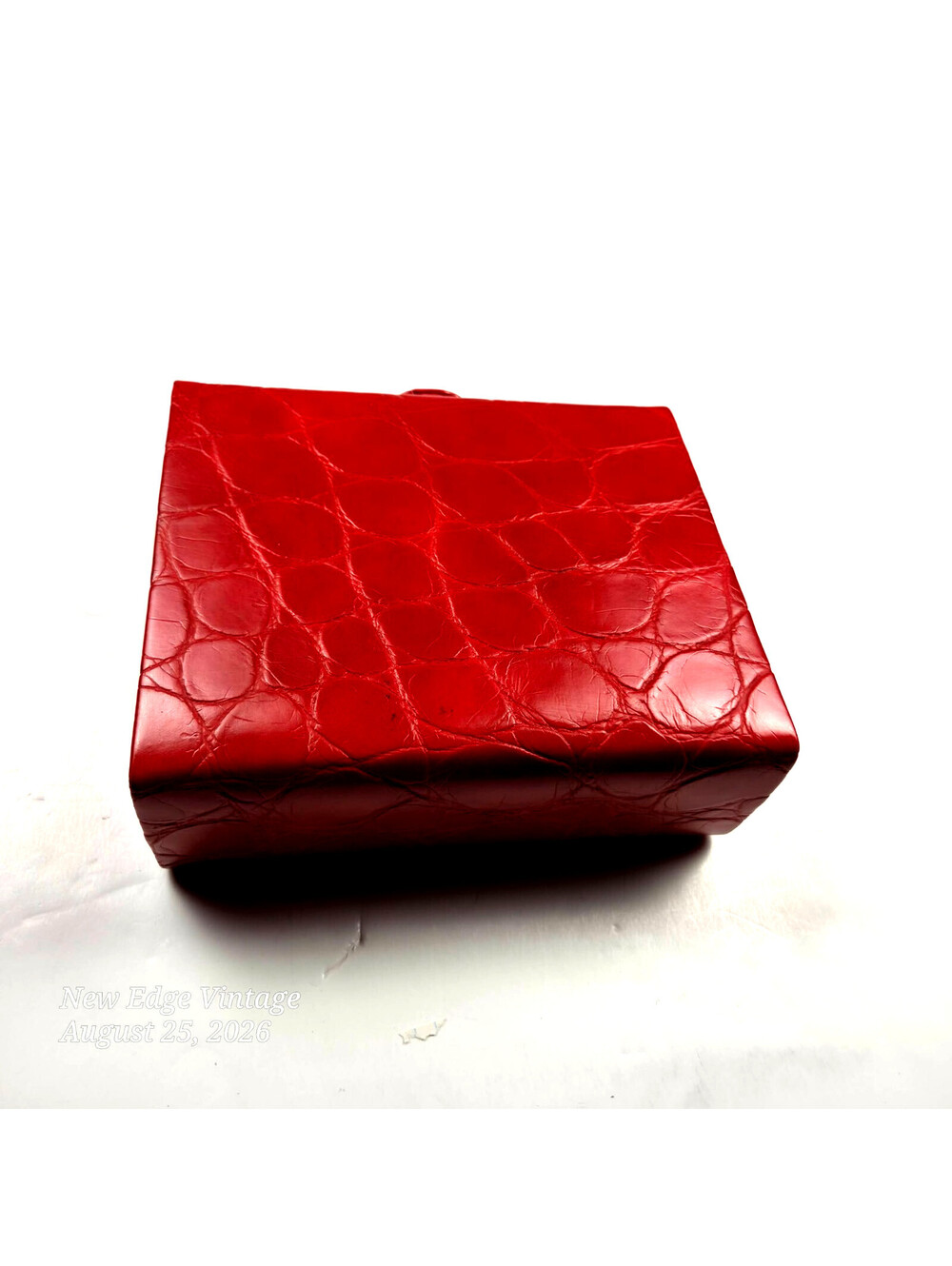 Vintage Red Croc Embossed Box Purse Structured Handbag Top Handle Gold Tone VTG